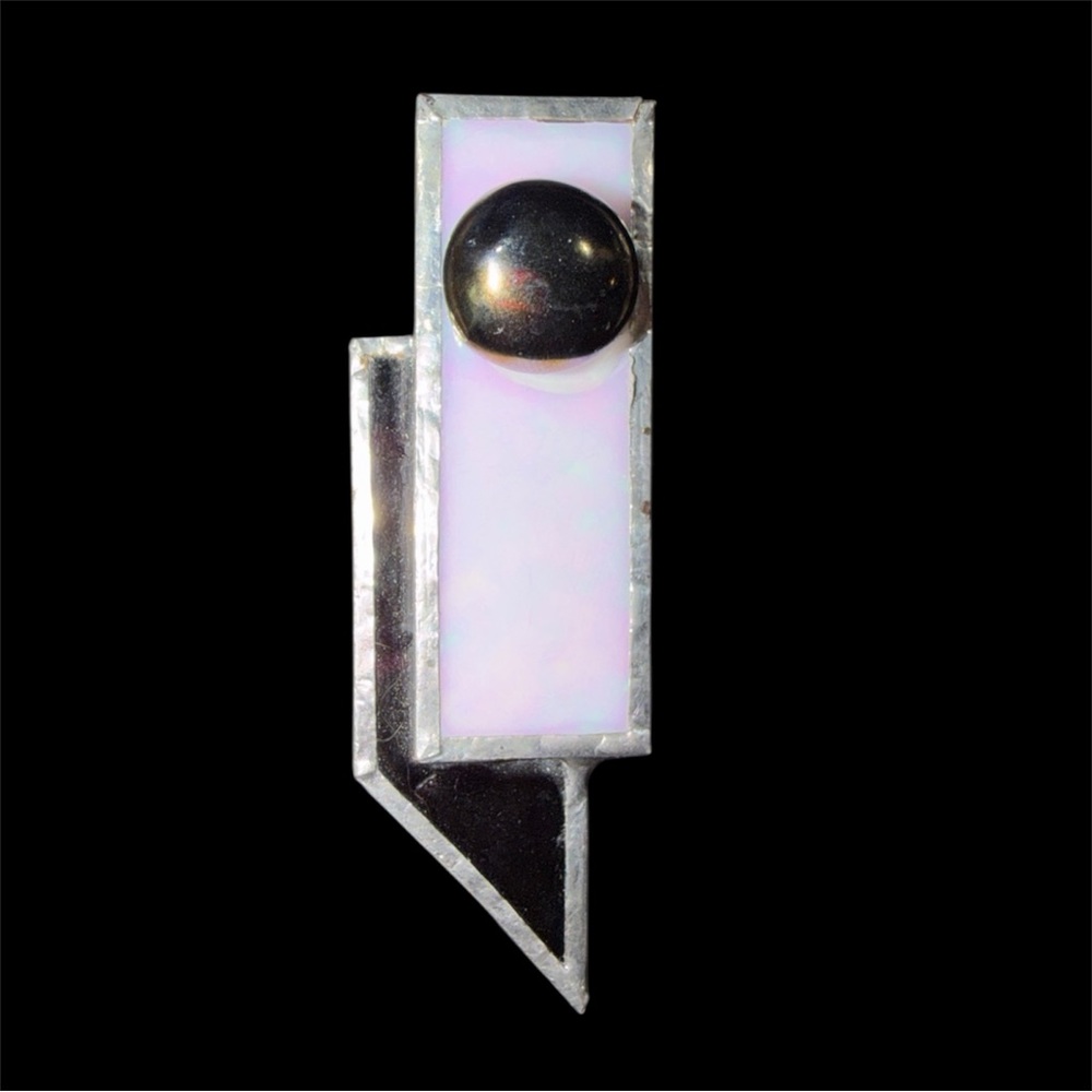 Vintage Handmade Iridescent Stained Glass & Foiled Trimmed Geometric Brooch Pin